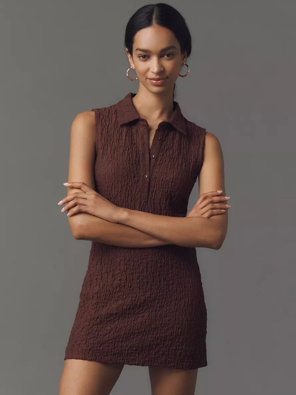 NWT By Anthropologie Sleeveless Textured Mini Shirt Dress Brown Medium